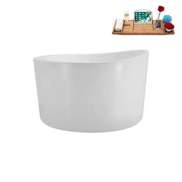 Streamline 43.3-in X 43.3-in Glossy White Acrylic Round Freestanding Bathtub and a Matte Black Reversible Drain with Tray