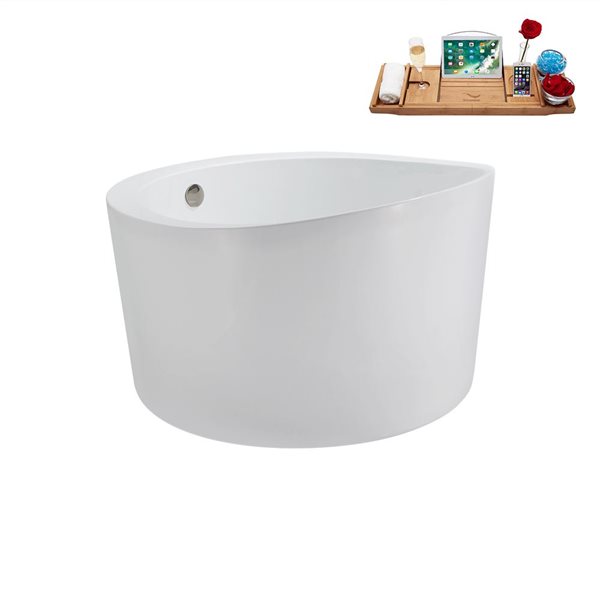 Streamline 43.3-in X 43.3-in Glossy White Acrylic Round Freestanding Bathtub and a Brushed Nickel Reversible Drain with Tray