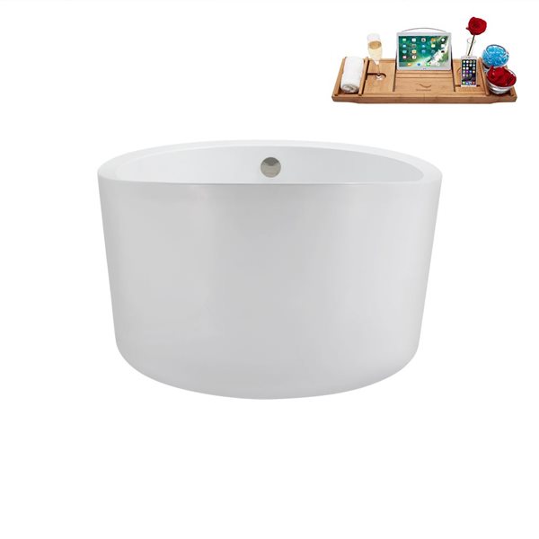 Streamline 43.3-in X 43.3-in Glossy White Acrylic Round Freestanding Bathtub and a Brushed Nickel Reversible Drain with Tray