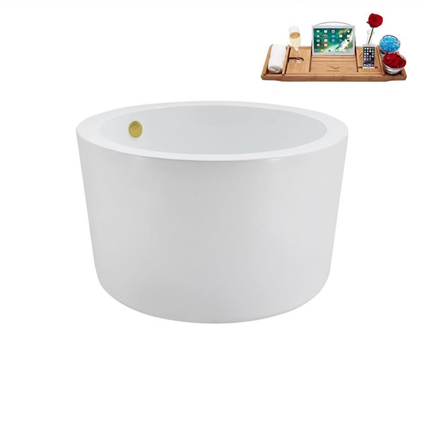 Streamline 41.1-in X 41.1-in Glossy White Acrylic Round Freestanding Bathtub and a Brushed Gold Center Drain with Tray