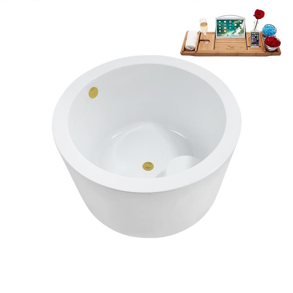 Streamline 41.1-in X 41.1-in Glossy White Acrylic Round Freestanding Bathtub and a Brushed Gold Center Drain with Tray