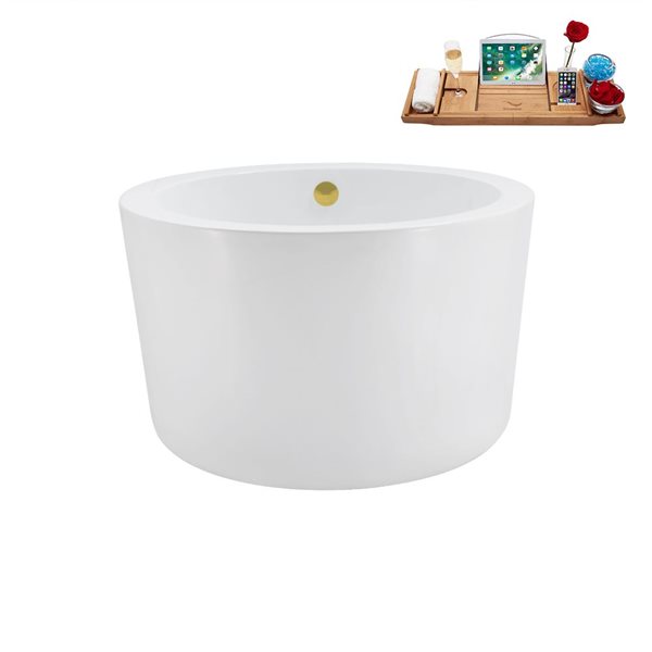 Streamline 41.1-in X 41.1-in Glossy White Acrylic Round Freestanding Bathtub and a Brushed Gold Center Drain with Tray