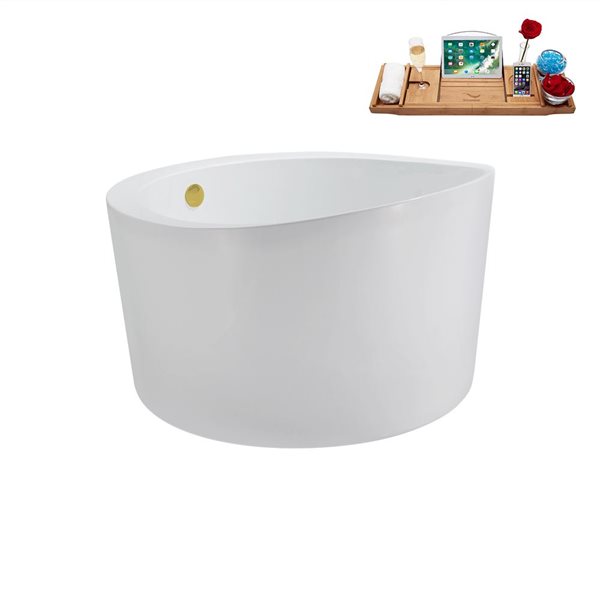 Streamline 43.3-in X 43.3-in Glossy White Acrylic Round Freestanding Bathtub and a Brushed Gold Reversible Drain with Tray