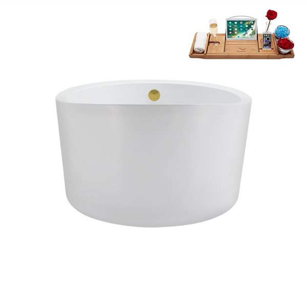 Streamline 43.3-in X 43.3-in Glossy White Acrylic Round Freestanding Bathtub and a Brushed Gold Reversible Drain with Tray