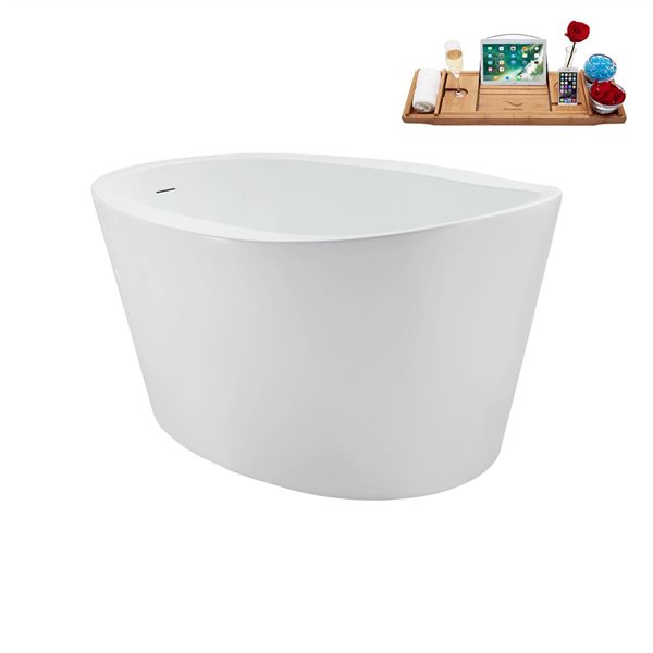 Streamline 35.4-in X 50.8-in Glossy White Acrylic Round Freestanding Bathtub and a Brushed Gold Reversible Drain with Tray