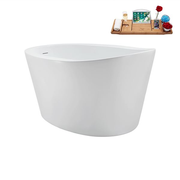 Streamline 35.4-in X 50.8-in Glossy White Acrylic Round Freestanding Bathtub and a Brushed Gold Reversible Drain with Tray