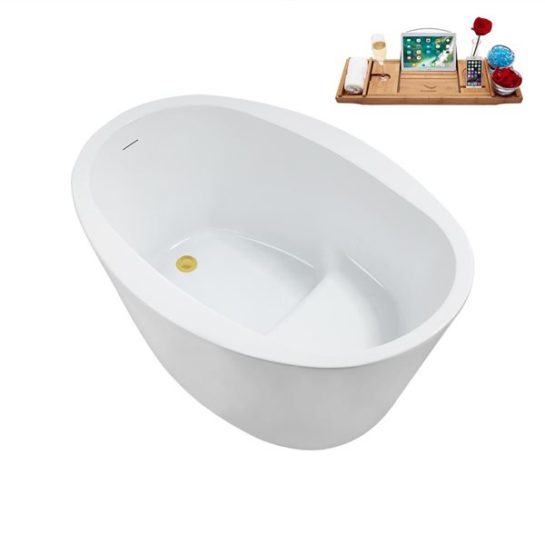 Streamline 35.4-in X 50.8-in Glossy White Acrylic Round Freestanding Bathtub and a Brushed Gold Reversible Drain with Tray