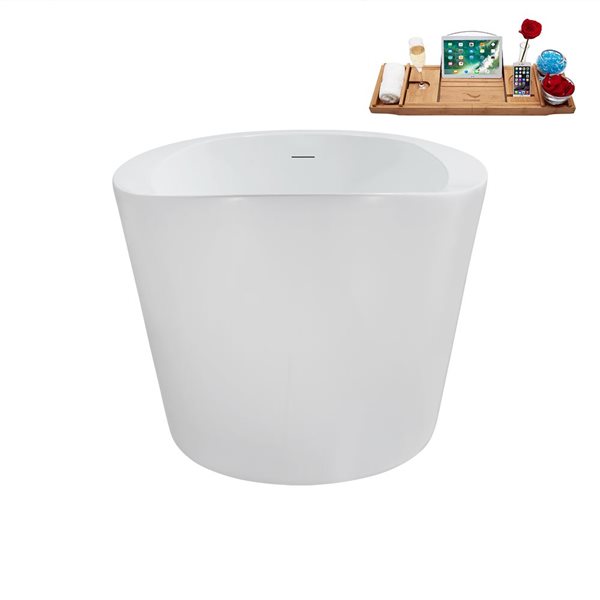 Streamline 35.4-in X 50.8-in Glossy White Acrylic Round Freestanding Bathtub and a Brushed Gold Reversible Drain with Tray