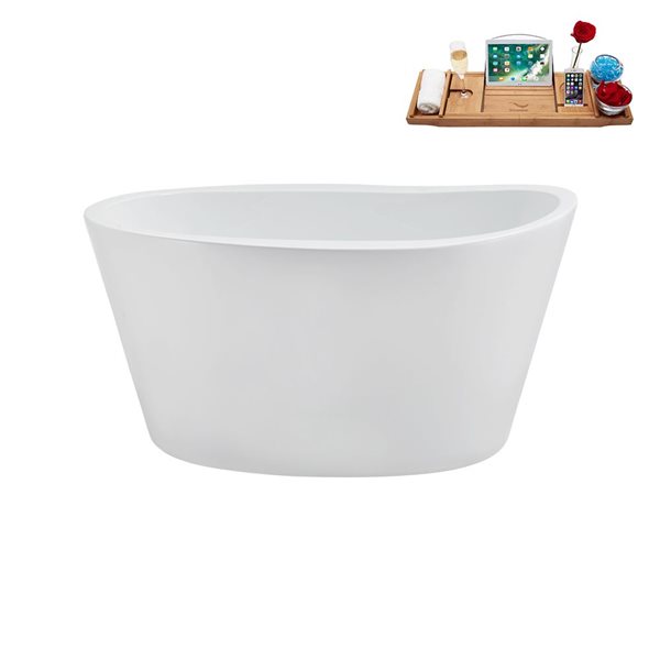 Streamline 35.4-in X 50.8-in Glossy White Acrylic Round Freestanding Bathtub and a Brushed Gold Reversible Drain with Tray