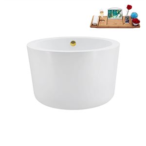 Streamline 41.1-in X 41.1-in Glossy White Acrylic Round Freestanding Bathtub and a Polished Gold Center Drain with Tray