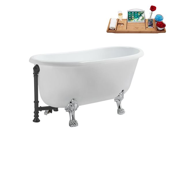 Streamline 29.5 X 63-in Glossy White Acrylic Clawfoot Bathtub and a Brushed Metal Reversible Drain with Tray