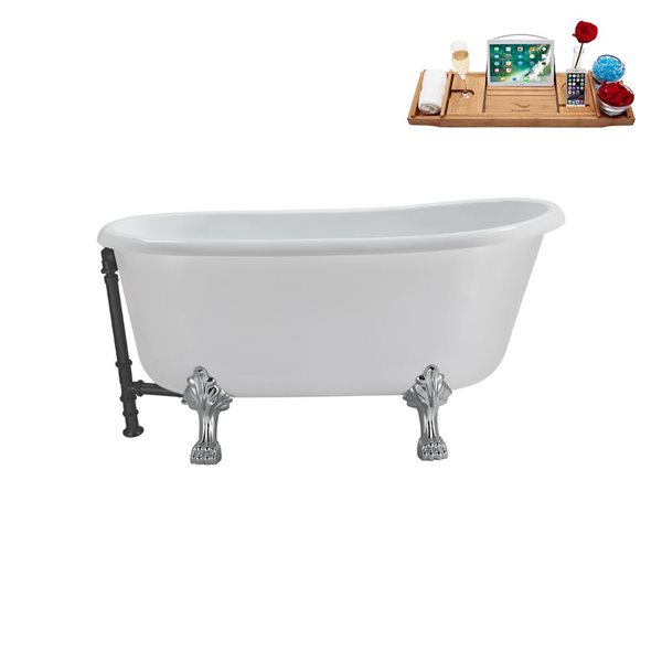 Streamline 29.5 X 63-in Glossy White Acrylic Clawfoot Bathtub and a Brushed Metal Reversible Drain with Tray