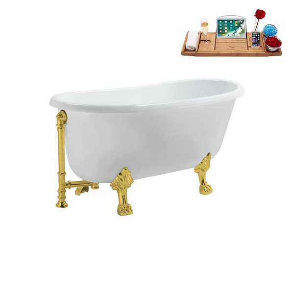 Streamline 29.5 X 63-in Glossy White Acrylic Clawfoot Bathtub and a Polished Gold Reversible Drain with Tray