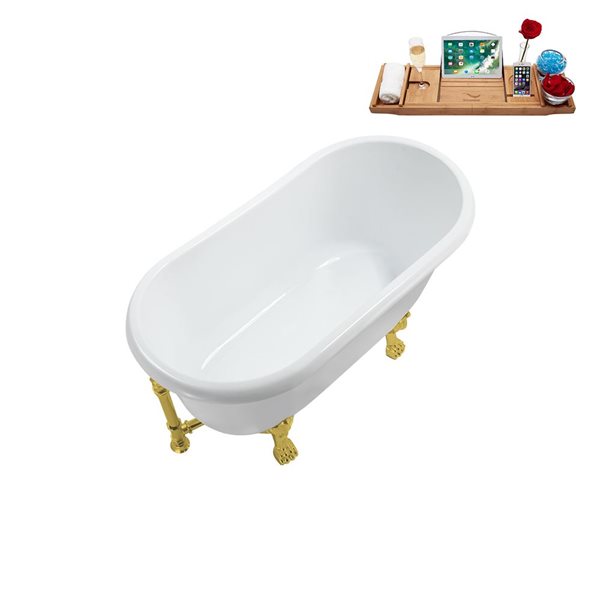 Streamline 29.5 X 63-in Glossy White Acrylic Clawfoot Bathtub and a Polished Gold Reversible Drain with Tray