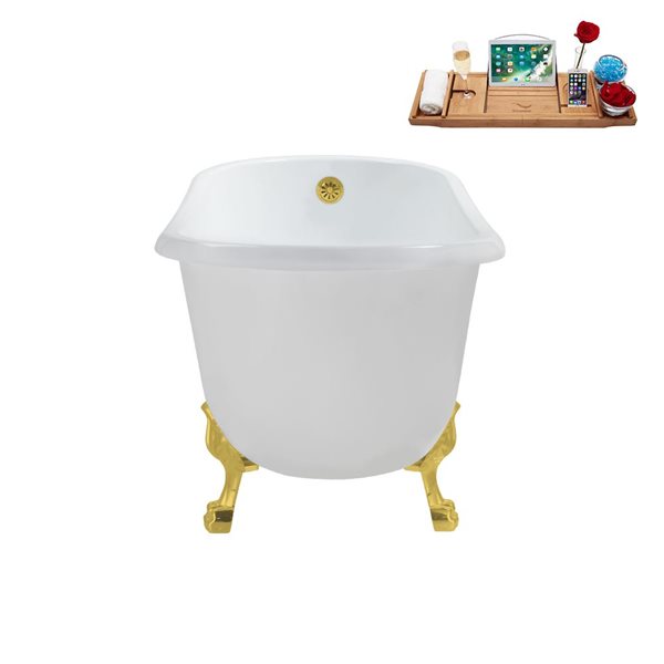 Streamline 29.5 X 63-in Glossy White Acrylic Clawfoot Bathtub and a Polished Gold Reversible Drain with Tray