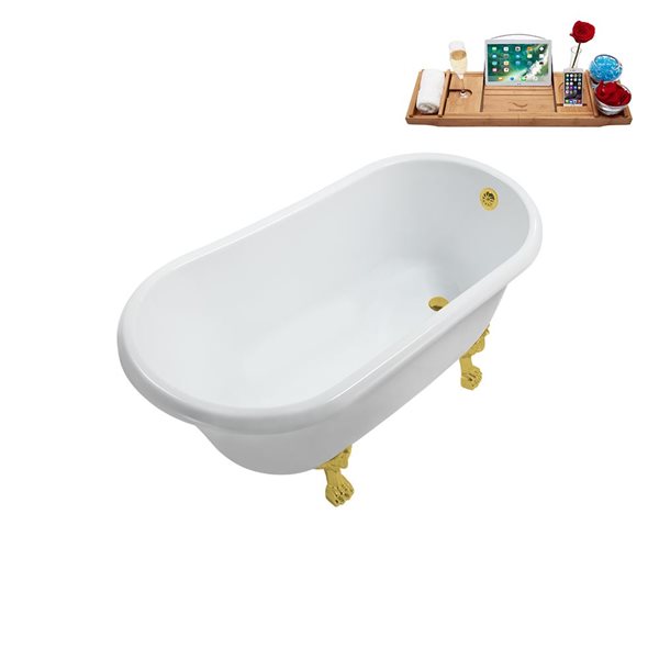 Streamline 29.5 X 63-in Glossy White Acrylic Clawfoot Bathtub and a Polished Gold Reversible Drain with Tray