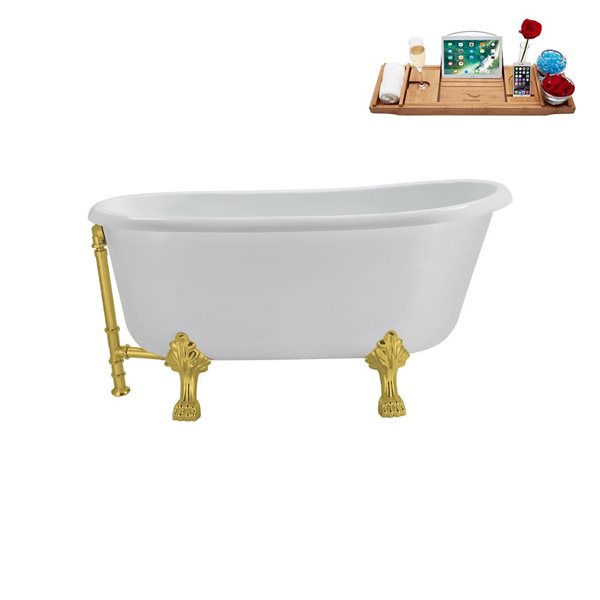 Streamline 29.5 X 63-in Glossy White Acrylic Clawfoot Bathtub and a Polished Gold Reversible Drain with Tray