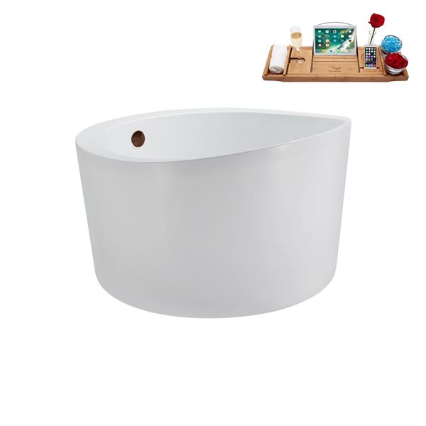 Streamline 43.3-in X 43.3-in Glossy White Acrylic Round Freestanding Bathtub and a Matte Bronze Reversible Drain with Tray