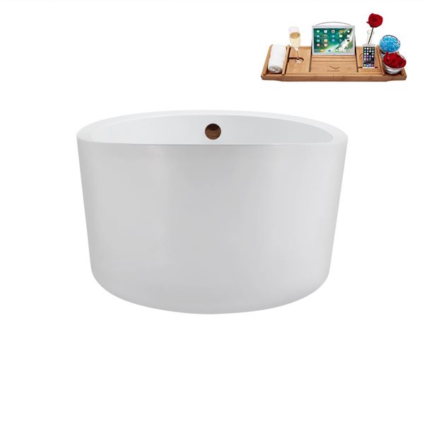 Streamline 43.3-in X 43.3-in Glossy White Acrylic Round Freestanding Bathtub and a Matte Bronze Reversible Drain with Tray