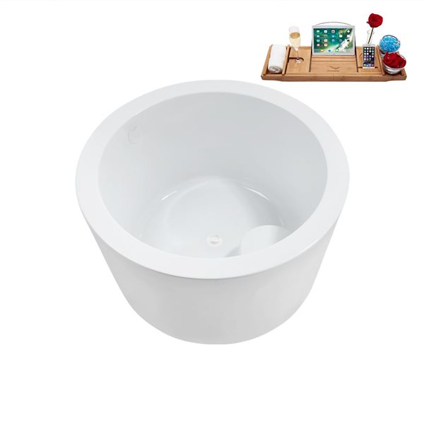 Streamline 41.1-in X 41.1-in Glossy White Acrylic Round Freestanding Bathtub and a White Center Drain with Tray