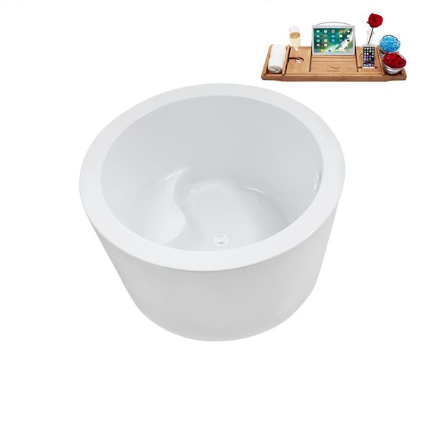 Streamline 41.1-in X 41.1-in Glossy White Acrylic Round Freestanding Bathtub and a White Center Drain with Tray