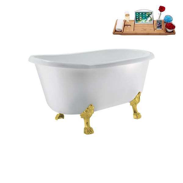 Streamline 29.5 X 63-in Glossy White Acrylic Clawfoot Bathtub and a Brushed Metal Reversible Drain with Tray
