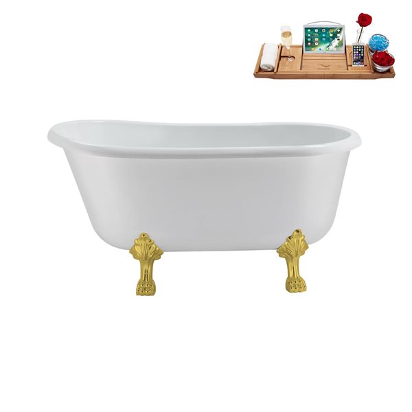 Streamline 29.5 X 63-in Glossy White Acrylic Clawfoot Bathtub and a Brushed Metal Reversible Drain with Tray