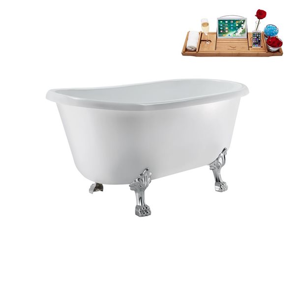 Streamline 29.5 X 57.5-in Glossy White Acrylic Clawfoot Bathtub and a Brushed Nickel Reversible Drain with Tray