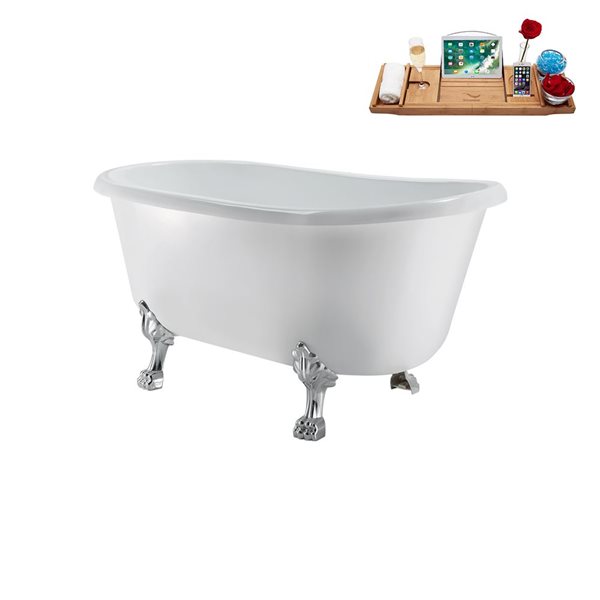 Streamline 29.5 X 57.5-in Glossy White Acrylic Clawfoot Bathtub and a Brushed Nickel Reversible Drain with Tray
