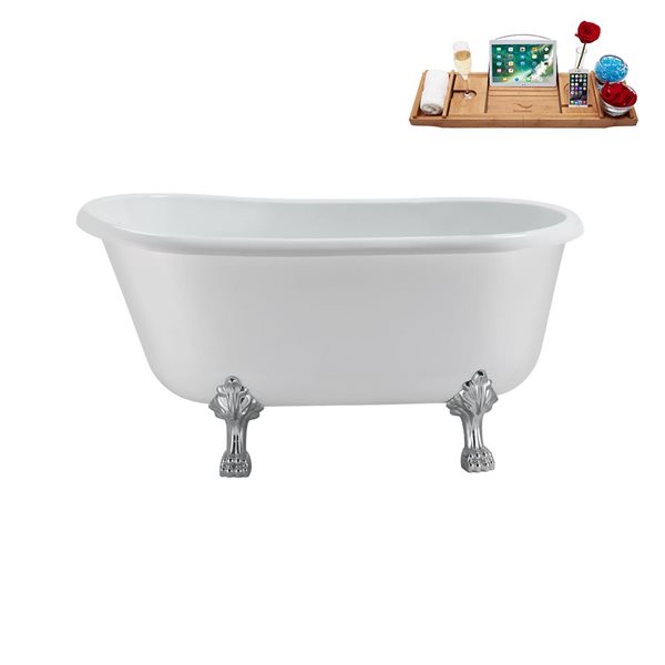 Streamline 29.5 X 57.5-in Glossy White Acrylic Clawfoot Bathtub and a Brushed Nickel Reversible Drain with Tray