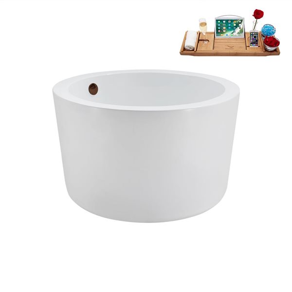 Baignoire autopartante ronde Streamline 41.1 po X 41.1 po blanc lustré en acrylique avec drain centré bronze mat et plateau