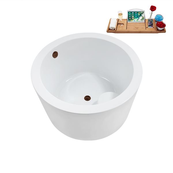 Baignoire autopartante ronde Streamline 41.1 po X 41.1 po blanc lustré en acrylique avec drain centré bronze mat et plateau