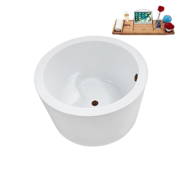 Baignoire autopartante ronde Streamline 41.1 po X 41.1 po blanc lustré en acrylique avec drain centré bronze mat et plateau