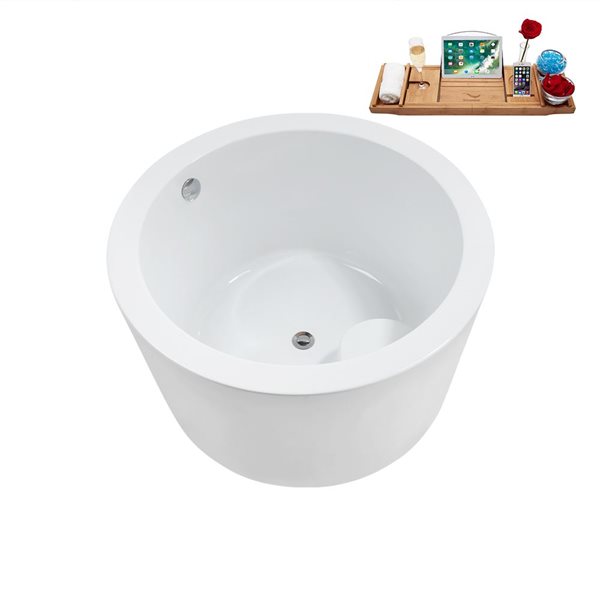 Baignoire autopartante ronde Streamline 41.1 po X 41.1 po blanc lustré en acrylique avec drain centré chrome poli et plateau