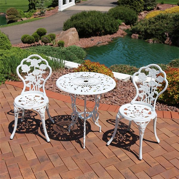 Sunnydaze Flower Designed Cast Aluminum Bistro White 3-Piece