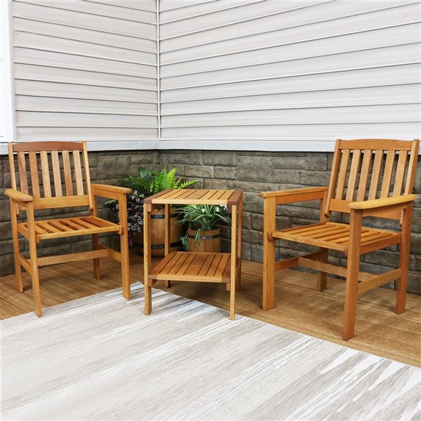 Sunnydaze Meranti Wood Outdoor Patio Conversation Set Teak Oil Finish 3-Piece