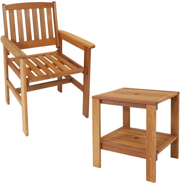 Sunnydaze Meranti Wood Outdoor Patio Conversation Set Teak Oil Finish 3-Piece