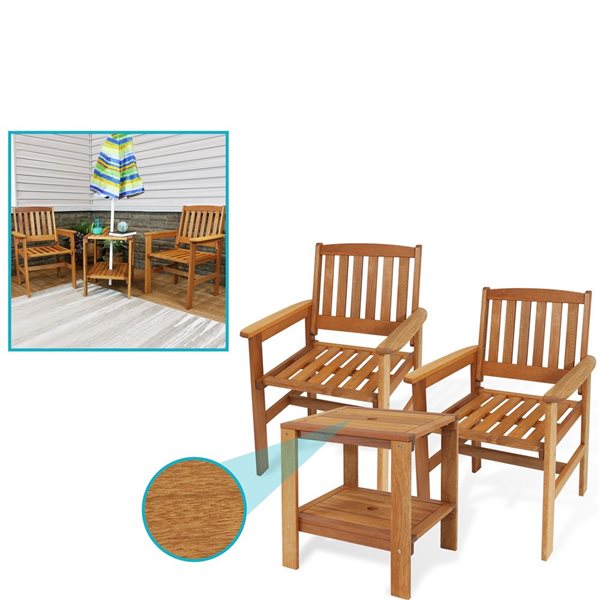 Sunnydaze Meranti Wood Outdoor Patio Conversation Set Teak Oil Finish 3-Piece