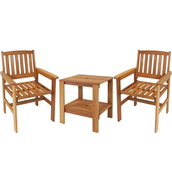 Sunnydaze Meranti Wood Outdoor Patio Conversation Set Teak Oil Finish 3-Piece