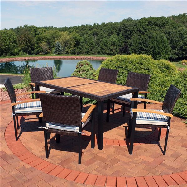 Sunnydaze Rattan and Acacia Patio Dining Set Dark Brown Stripe 7-Piece