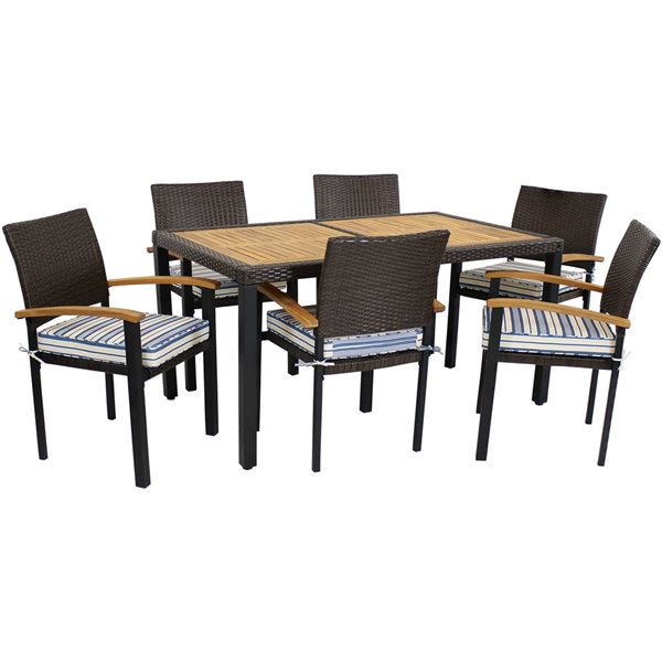 Sunnydaze Rattan and Acacia Patio Dining Set Dark Brown Stripe 7-Piece