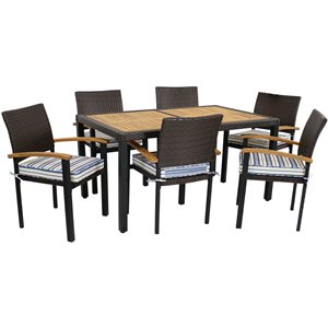 Sunnydaze Rattan and Acacia Patio Dining Set Dark Brown Stripe 7-Piece