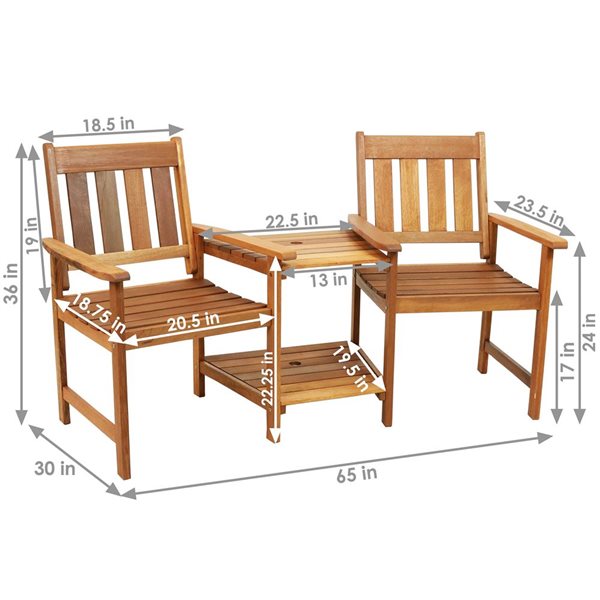 Sunnydaze Meranti Wood Jack-and-Jill Chairs with attached Table Teak Finish 65-in