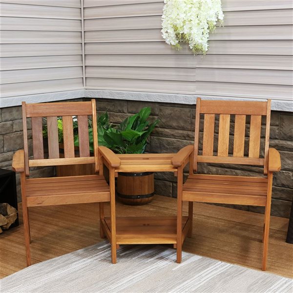 Sunnydaze Meranti Wood Jack-and-Jill Chairs with attached Table Teak Finish 65-in