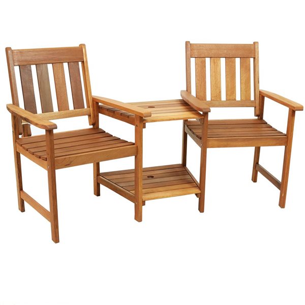 Sunnydaze Meranti Wood Jack-and-Jill Chairs with attached Table Teak Finish 65-in