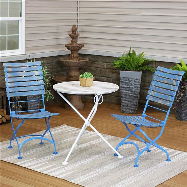 Sunnydaze Cafe Couleur Chestnut Wooden Folding Bistro Table and Chairs Blue 3-Piece