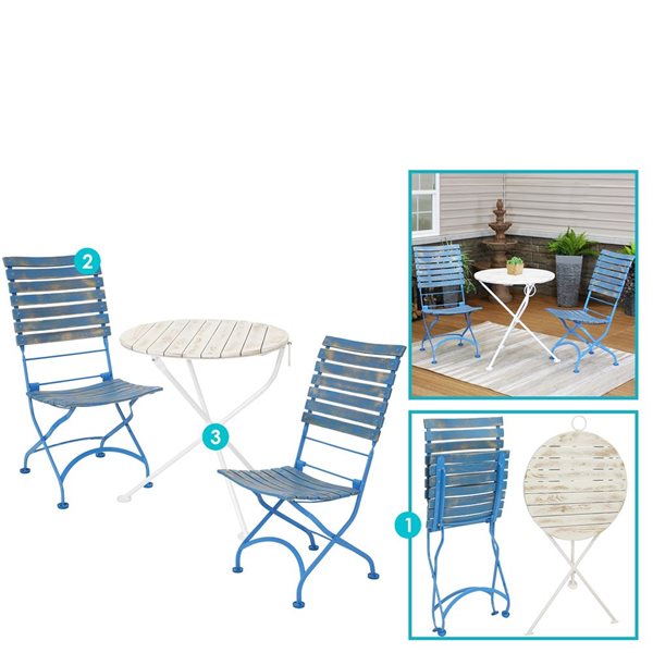 Sunnydaze Cafe Couleur Chestnut Wooden Folding Bistro Table and Chairs Blue 3-Piece