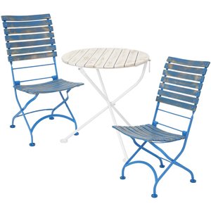 Sunnydaze Cafe Couleur Chestnut Wooden Folding Bistro Table and Chairs Blue 3-Piece