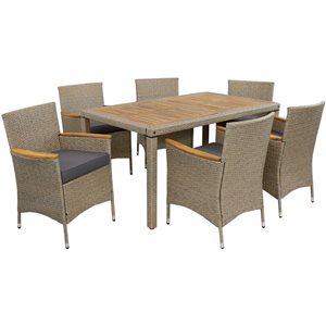 Sunnydaze Foxford Rattan and Acacia Patio Dining Furniture Set Brown 7-Piece