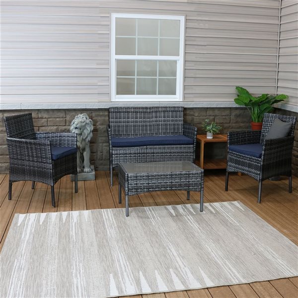 Sunnydaze Dunmore Patio Set Mixed Gray Rattan and Navy Blue Cushions 4-Piece